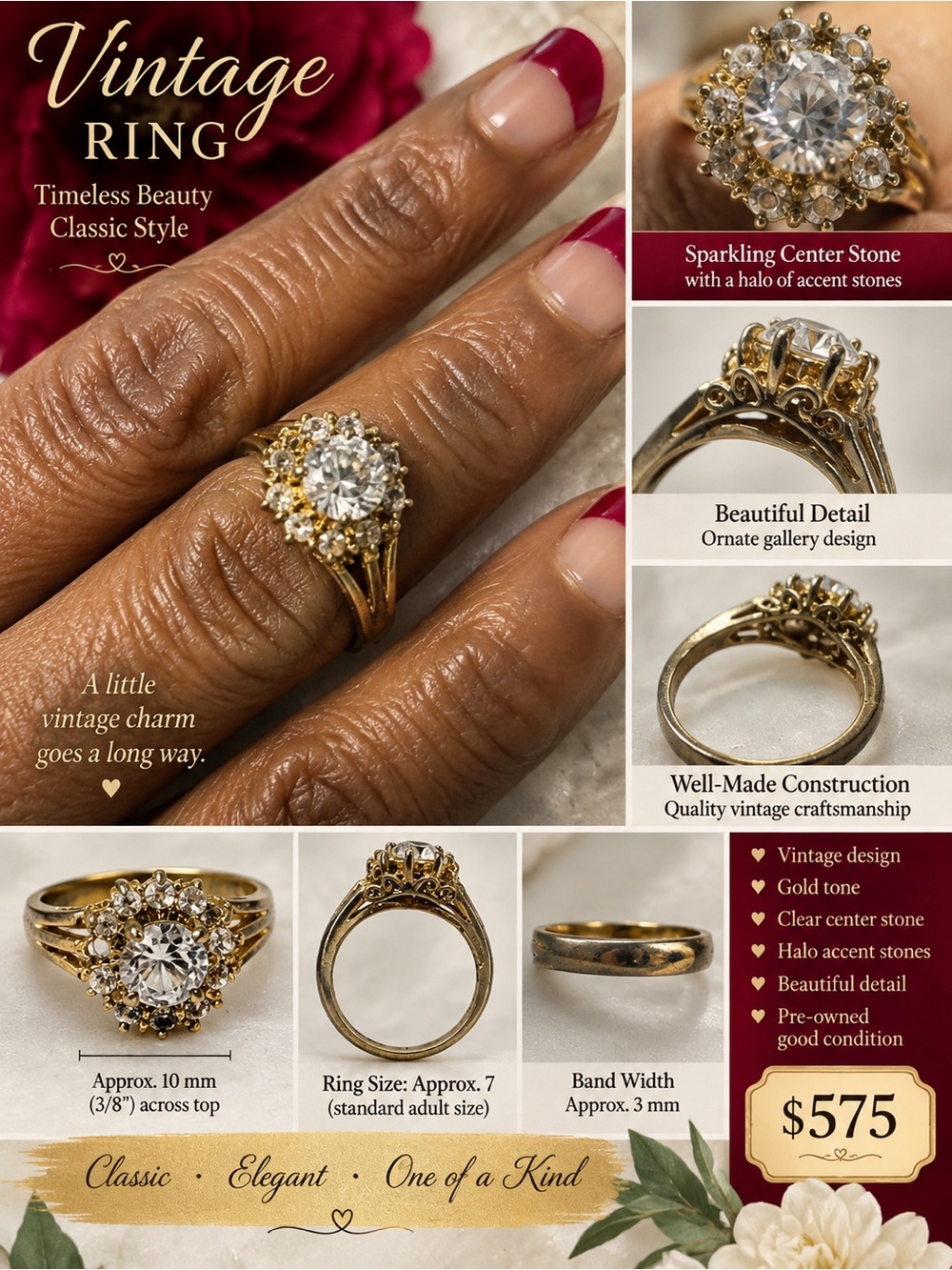 This is a vintage/antique style cluster gold tonedring - wear/tear due to age